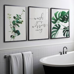 Bathroom wall art farmhouse decor wash your worries away sign guest bathroom decor eucalyptus plant monstera printable set of 3 piece