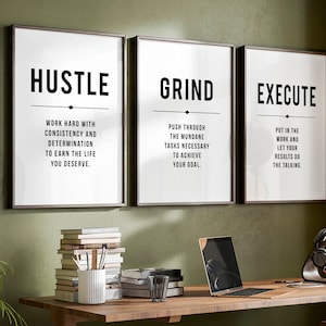 Inspirational wall art office prints hustle grind quote mens office decor motivational definition prints for work hard quote