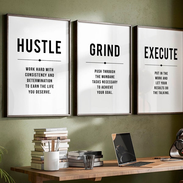 Inspirierende Wandkunst Büro Drucke Hustle Grind Zitat Männer Bürodekor motivierend Definition Drucke für Arbeit hart Zitat