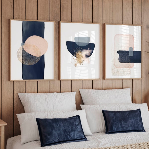 Master bedroom wall decor above bed Navy blue abstract watercolour art bedroom prints 3 piece printable