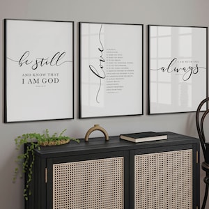 Bible Verse Wall Art Gallery Set of 3 Prints, Be Still, Love is Patient, I am with you Always, Scripture Art for Christian Decor