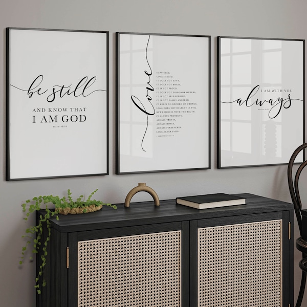 Bible Verse Wall Art Gallery Set of 3 Prints, Be Still, Love is Patient, I am with you Always, Scripture Art for Christian Decor