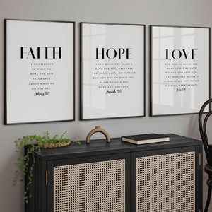 Modern Faith Hope Love Christian Decor 3 Piece, Bible Verse Wall Art Scripture Quote Hebrews 11, Jeremiah 29, John 3 16, Living Room