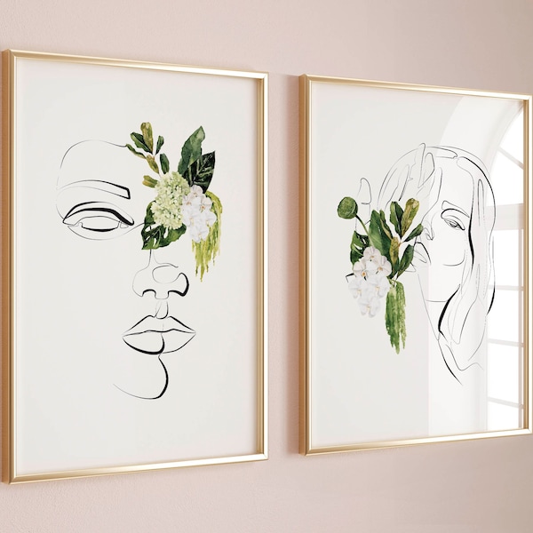 One line drawing woman illustration girly wall art botanical bathroom sage green decor beauty salon esthetician poster minimalist print