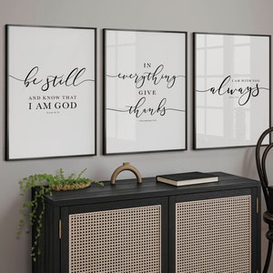 Bible Verse Wall Art Gallery Set of 3 Prints, Be Still, In Everything Give Thanks, I Am With You Always, Scripture Art For Christian Decor image 5