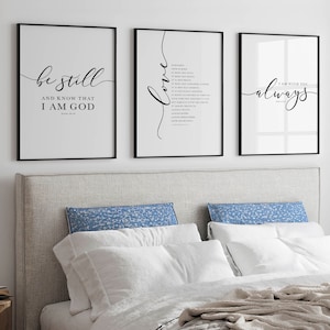 Above bed decor christian bedroom bible verse wall art be still and know sign scripture printable farmhouse style