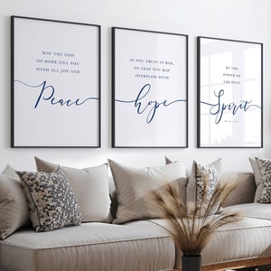 Bible Verse Wall Art, Navy Blue Christian Home Decor, Romans 15 13 Scripture Quote, Large Printable Set