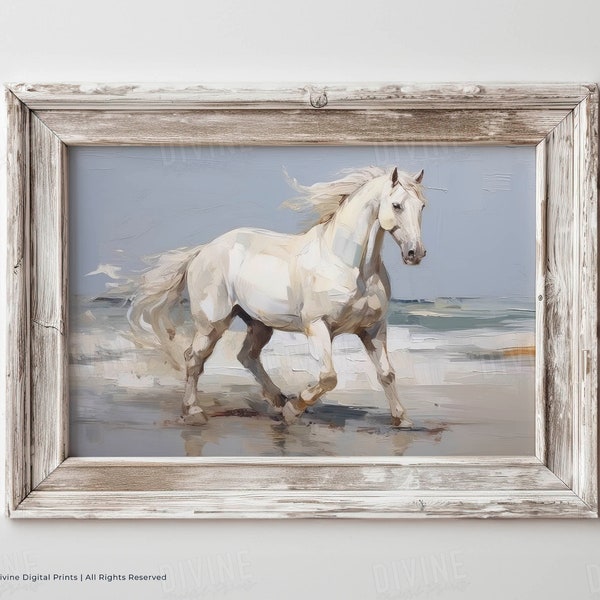 White Horse Wall Art, Coastal Cowgirl, Animal Printable, Beach Coastal Print, Equestrian Painting, Rustic Ranch Style, Hamptons Aesthetic