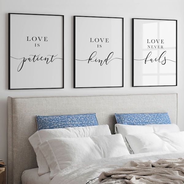 Modern christian art scripture wall above bed decor farmhouse style bedroom posters  love is patient love is kind sign biblical gifts