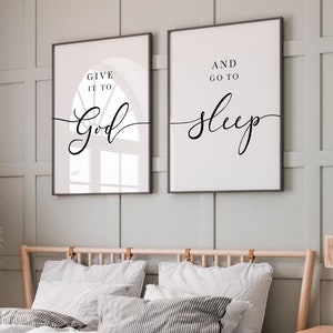 Dáselo a Dios y vete a dormir, decoración sobre la cama, decoración de dormitorio de estilo rústico, juego de 2 obras de arte de pared