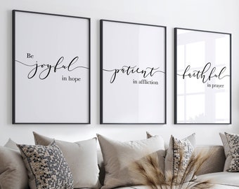 Romans 12:12, Bible Verse Wall Art, Christian Decor, Scripture Wall Art, Bible Verse Prints, Printable Art, Be Joyful In Hope, Triptych