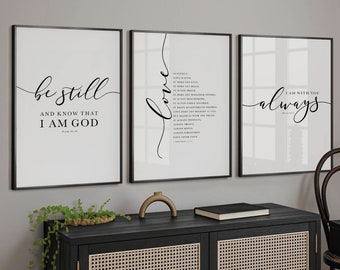 Bible Verse Wall Art Gallery Set of 3 Prints, Be Still, Love is Patient, I am with you Always, Scripture Art for Christian Decor