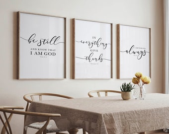 Bible Verse Wall Art Gallery Set of 3 Prints, Be Still, In Everything Give Thanks, I Am With You Always, Scripture Art For Christian Decor