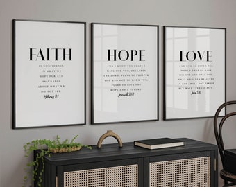 Faith Hope Love Christian Wall Art Set: Bible Verse Prints (Digital Download)