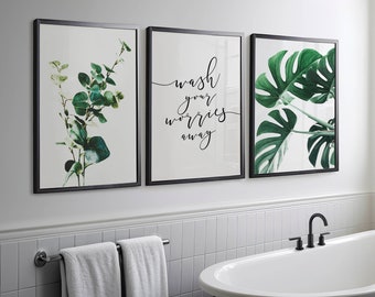 Farmhouse Bathroom Art Set: Eucalyptus, Monstera, 'Wash Your Worries Away' (Digital Download)