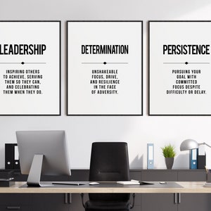 Leadership Office Wall Art, Set of 3 Prints, Inspirational Office Decor, Determination Persistence Quote, Monochrome Printable Wall Art