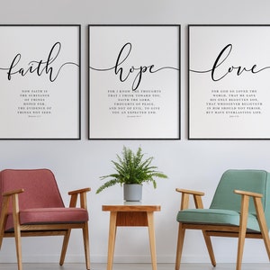 Faith Hope Love, King James Bible Verse, Set of 3 Wall Art Prints, Scripture Quote Hebrews 11, Jeremiah 29, John 3 16, Living Room Christian