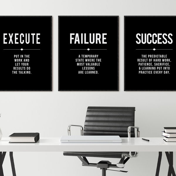 Success Quote, Office Wall Art, Black Large Poster, Positive Motivational Set of 3 Prints, Execute Failure Definition, Inspirational Print