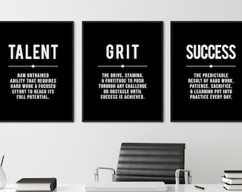 Office Decor Black Large Poster Set of 3 Prints, Talent Grit Success, Printable Wall Art, Motivational Inspirational Quote