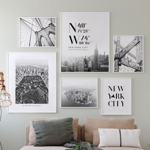 Gallery Wall Set of New York, Travel Art, NYC Brooklyn Print, Living Room Above Couch Decor, Bedroom Set of 6 Prints