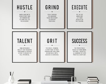 Hustle Quote, Grind Definition, Office Wall Art, Gallery Set of 6 Prints, Modern Business Motivational Decor, Inspirational Printable Art