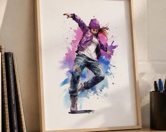 ヒップホップダンスアートプリント：水彩画ストリートキッズルーム