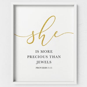 Proverbs 3 She is more precious than jewels, Christian Nursery Decor, Bible Verse Wall Art, Gold Glitter Font,