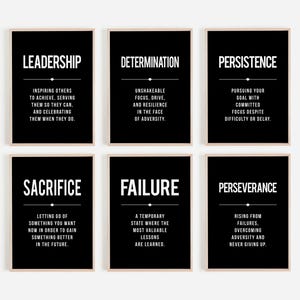 Puede incluir: Seis carteles motivacionales enmarcados con fondos negros y texto blanco. Los carteles muestran palabras como "Liderazgo", "Determinaci&oacute;n" y "Persistencia", cada una con una definici&oacute;n debajo. Los marcos son de color beige claro.