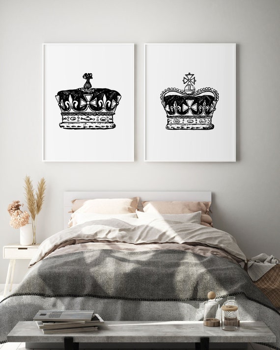 king and queen above bed wall decor royal crown his and hers hampton style bedroom set of 2 prints minimalist print