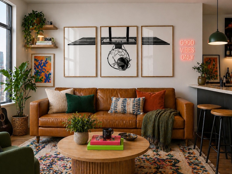 May include: A tan leather sofa with green, orange, and patterned throw pillows, a round wooden coffee table with books, and three framed black and white prints of a basketball hoop hanging on the wall above the sofa with a neon sign reading GOOD VIBES ONLY.
