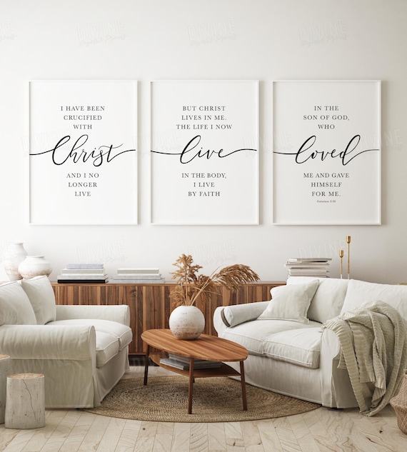 Bible Verse Set of 3, Galatians 2 20 Quote, Above Couch Wall Decor, Large  Christian Living Room Print 