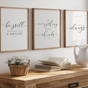 Bible Verse Wall Art Gallery Set of 3 Prints, Be Still, In Everything Give Thanks, I Am With You Always, Scripture Art For Christian Decor image 2