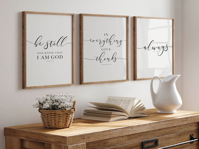 Bible Verse Wall Art Gallery Set of 3 Prints, Be Still, In Everything Give Thanks, I Am With You Always, Scripture Art For Christian Decor image 2