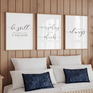 Bible Verse Wall Art Gallery Set of 3 Prints, Be Still, In Everything Give Thanks, I Am With You Always, Scripture Art For Christian Decor image 3