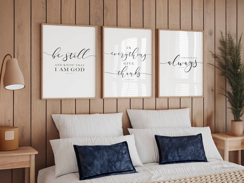 Bible Verse Wall Art Gallery Set of 3 Prints, Be Still, In Everything Give Thanks, I Am With You Always, Scripture Art For Christian Decor image 3