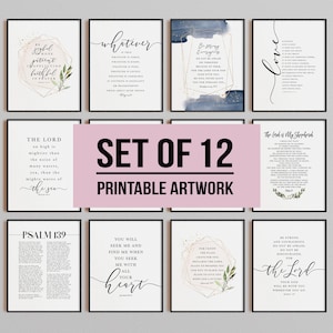 Set of 12 Scripture Gallery Set, Christian Prints, Bible Verse Wall Art, Church Artwork, Psalm 23, Romans, Jeremiah 29, Be Still Quote