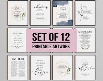Set of 12 Scripture Gallery Set, Christian Prints, Bible Verse Wall Art, Church Artwork, Psalm 23, Romans, Jeremiah 29, Be Still Quote