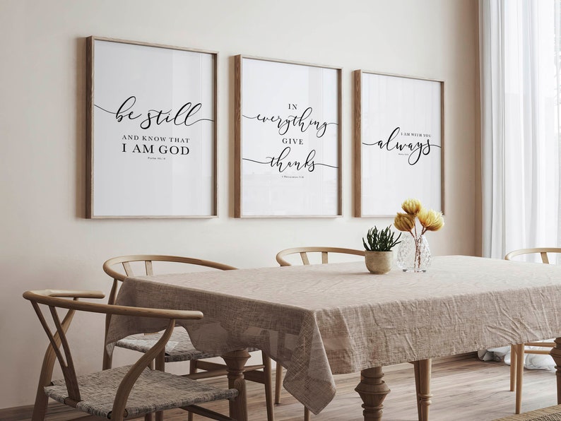 Bible Verse Wall Art Gallery Set of 3 Prints, Be Still, In Everything Give Thanks, I Am With You Always, Scripture Art For Christian Decor image 1