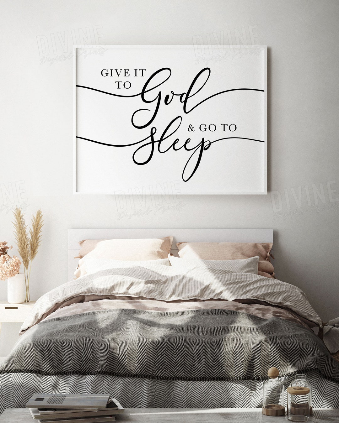 Horizontal Above Bed Wall Art, Give It to God and Go to Sleep Quote, Farmhouse Decor, Teenager