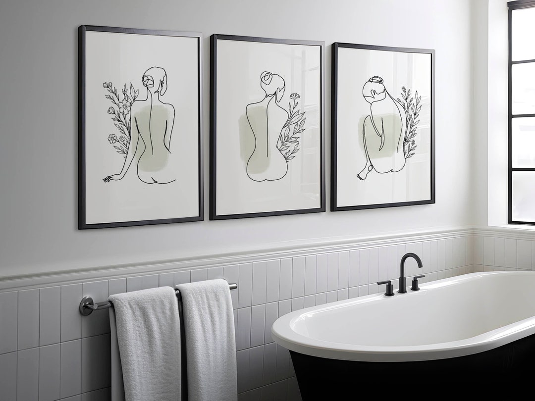 Bathroom Wall Art Woman Line Drawing Sage Green Decor Female Body Art ...