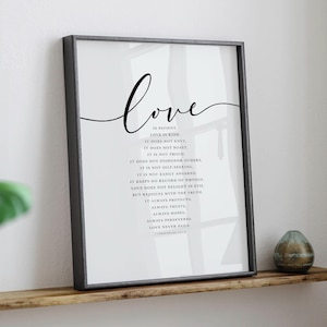1 Corinthians 13 Bible Verse Wall Art, Religious Anniversary or Wedding Gift, Love is Patient, Scripture Print for Christian Decor.