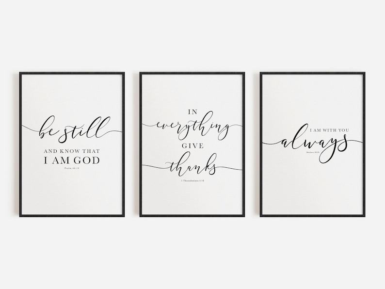 Bible Verse Wall Art Gallery Set of 3 Prints, Be Still, In Everything Give Thanks, I Am With You Always, Scripture Art For Christian Decor image 6