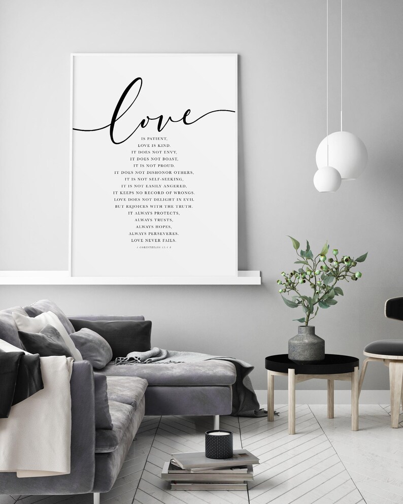 Religious Anniversary or Wedding Gift 1 Corinthians 13 Bible Verse Wall Art Love is Patient Scripture Print for Christian Decor.