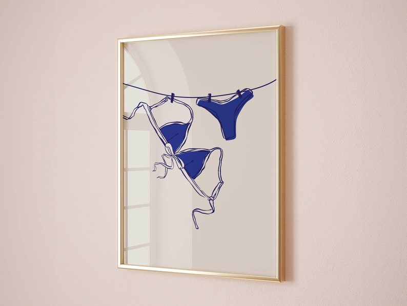 Bikini laundry clothesline print, blue beach house decor, preppy dorm