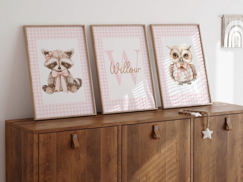Woodland Animal Custom Name Nursery Decor, Owl Raccoon Bow Girl Sign