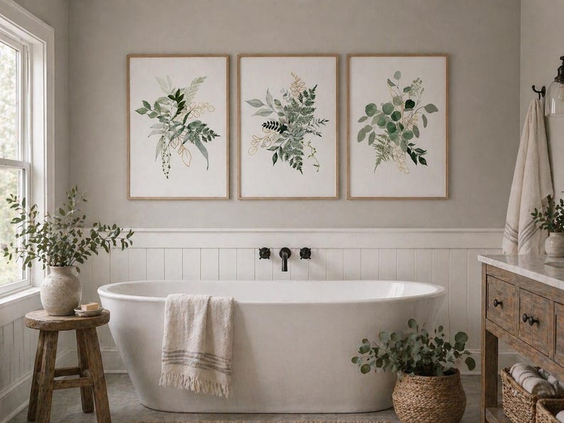 Puede incluir: Tres impresiones art&iacute;sticas bot&aacute;nicas enmarcadas con ilustraciones en acuarela de follaje verde y dorado. La obra de arte se exhibe sobre una ba&ntilde;era blanca en un ba&ntilde;o. La habitaci&oacute;n tiene una paleta de colores neutros con detalles en madera natural.