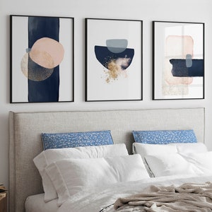 Abstract watercolor bedroom wall art, Navy blue above bed decor, Bedroom set of 3 prints, Modern above bed printable