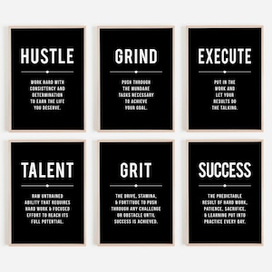 Puede incluir: Seis carteles motivacionales enmarcados con fondos negros y texto blanco. Los carteles muestran palabras como "Hustle", "Grind" y "Success", cada una con una definici&oacute;n. Los marcos son de color beige claro.