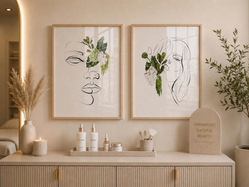 May include: Two framed art prints with line drawings of faces adorned with flowers hang above a vanity. The vanity displays skincare products, a candle, and a vase with dried plants. A sign reads "Enhancing Natural Beauty."