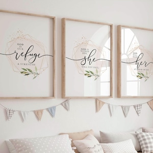 God is Within Her, Teen Girl Bedroom Print Set of 3, Psalm 46 Bible Verse Wall Art, Pink Christian Decor, Scripture Nursery Printable